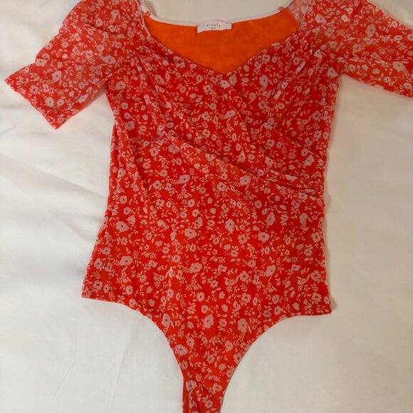 Elodie Orange Floral Mesh Wrap Bodysuit (M) – Stretchy Form-Fitting - Picture 11 of 16